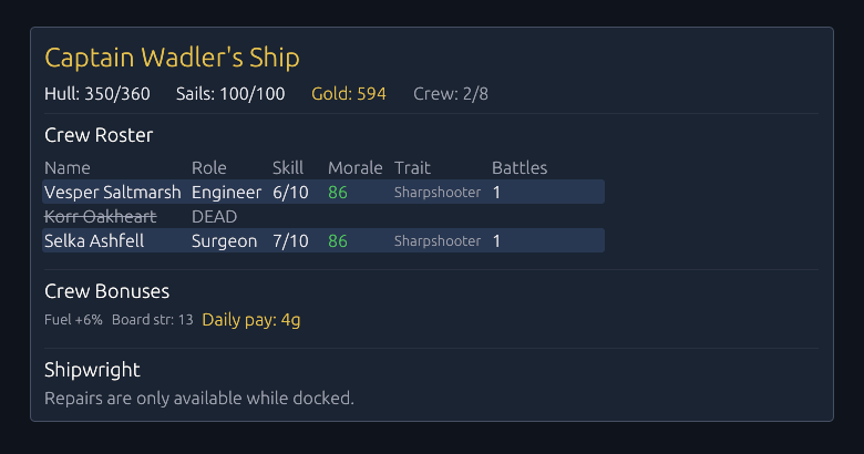 Crew roster panel with one sailor struck through as DEAD