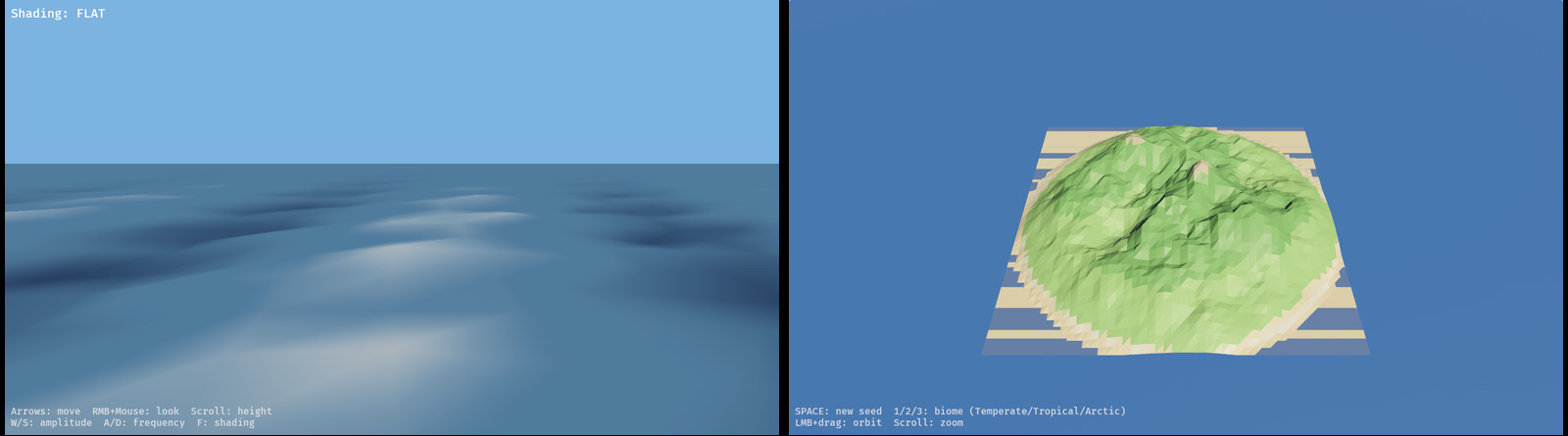 The first ocean shader and the first procedural island, side by side
