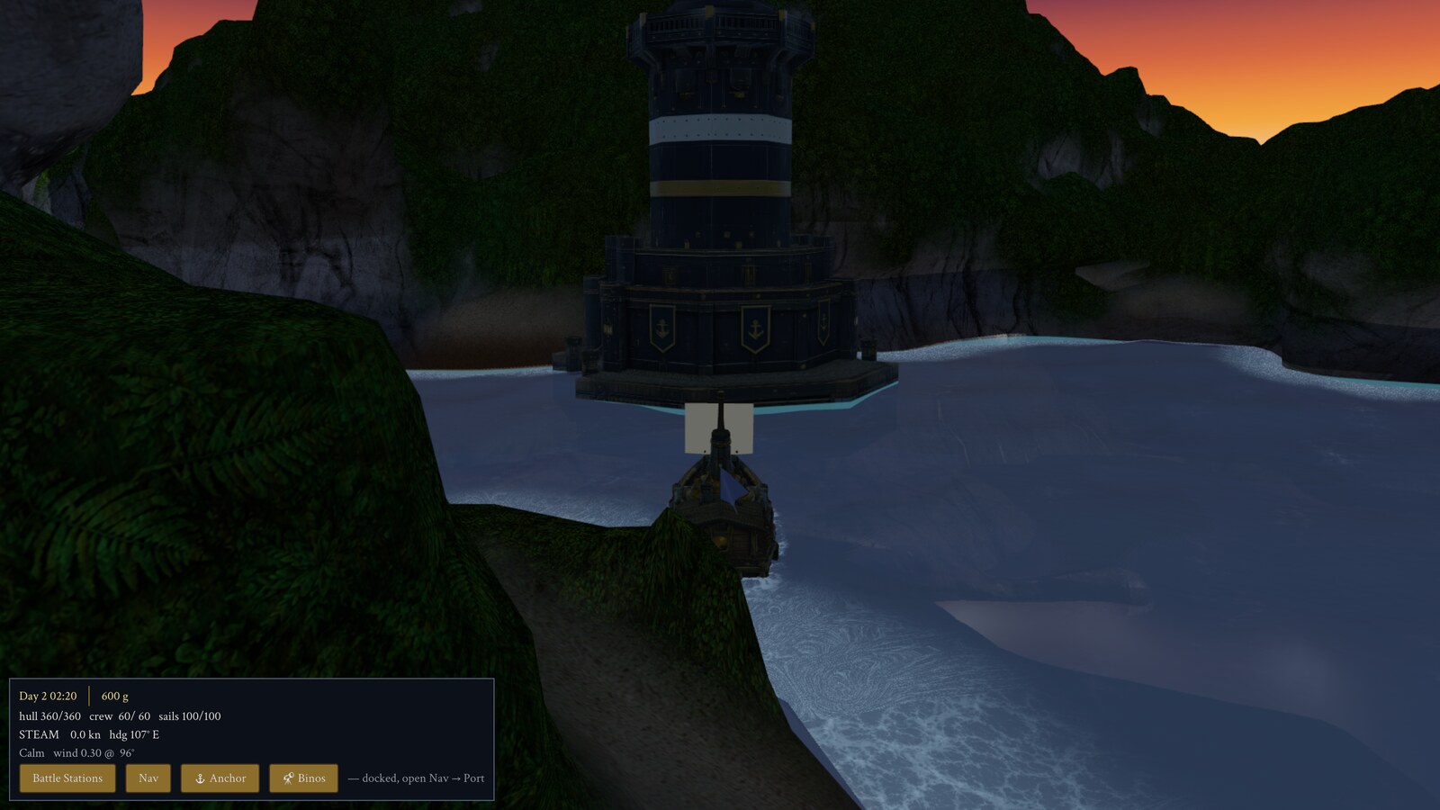Docked beneath a lighthouse at dusk with transparent shallow water