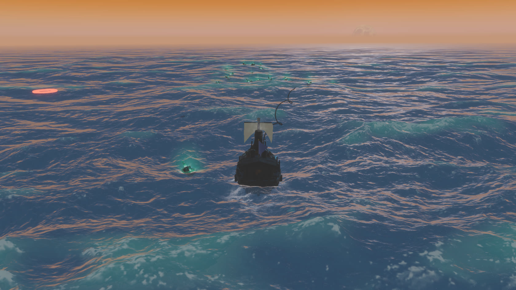 The harpoon rope uncoiling mid-flight at dusk