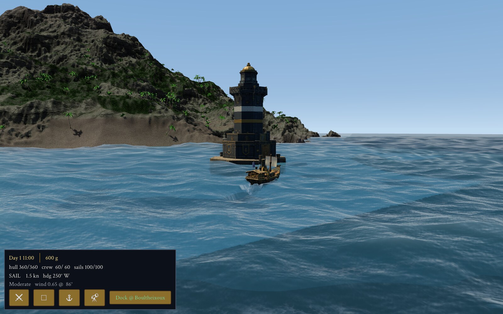 The ship passing beneath a harbour lighthouse, shore foam on the headland