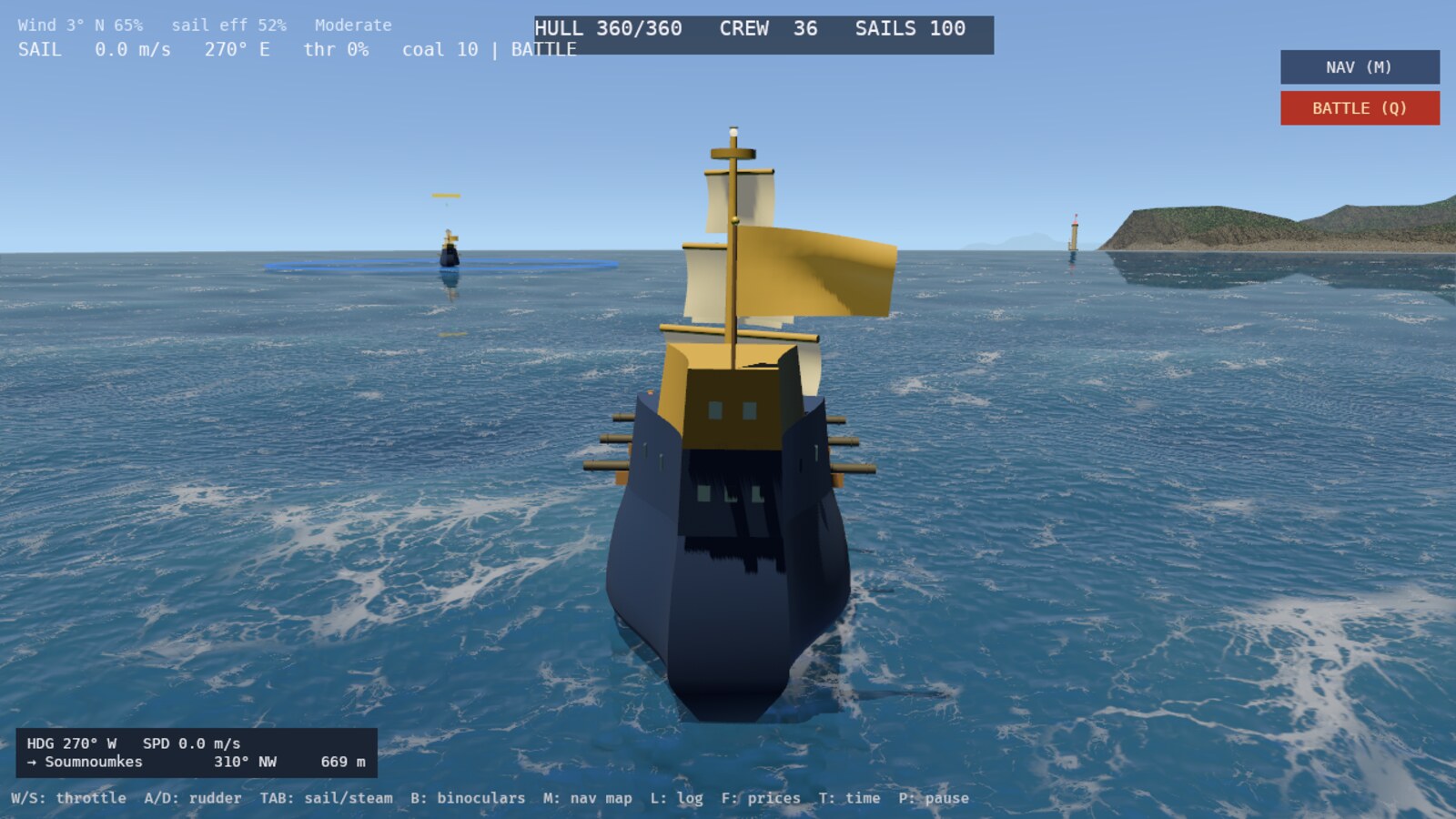 A crippled pirate with a nearly empty hull bar and the blue boardable ring