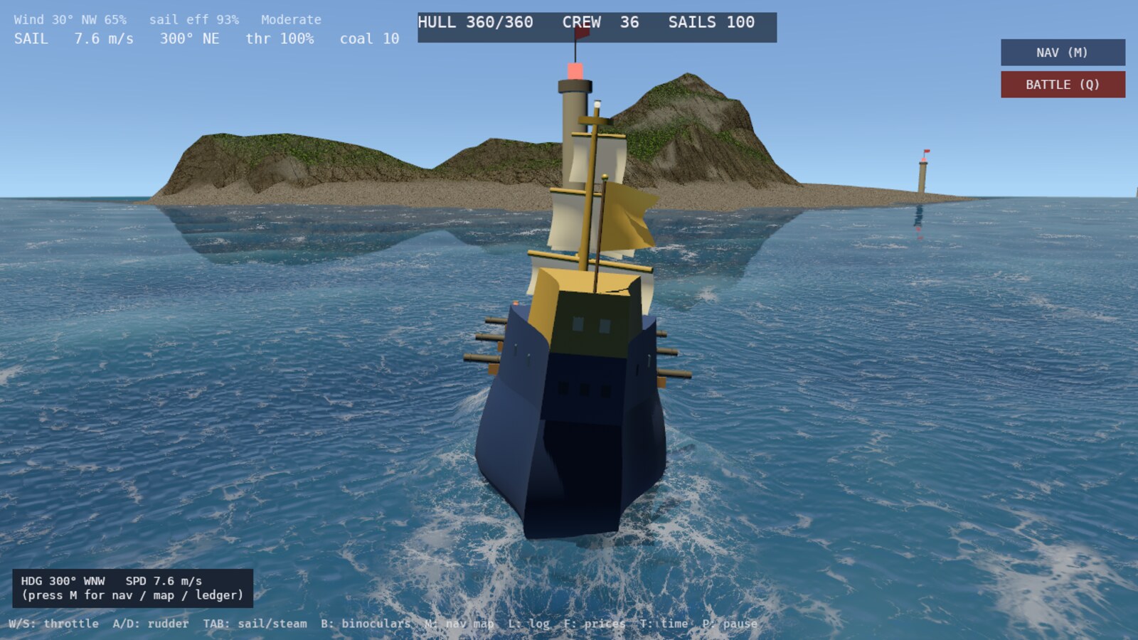Sailing toward a discovered island with the full captain's HUD