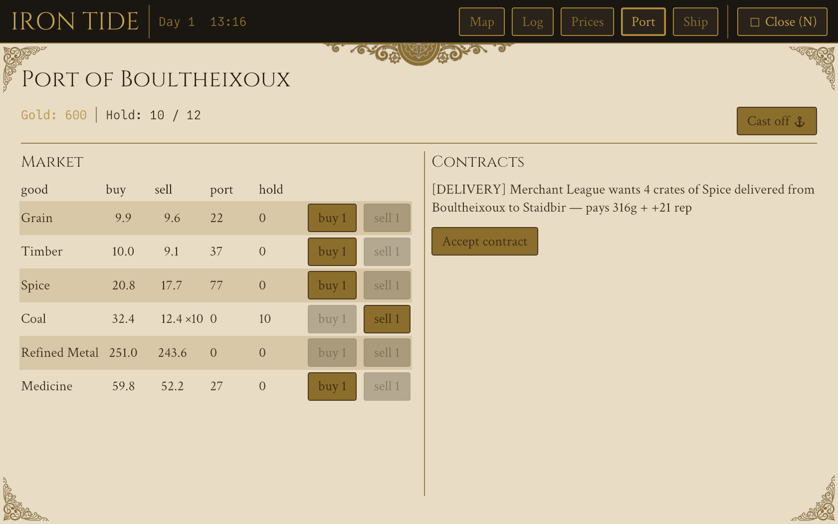 The parchment port screen with market prices and a delivery contract