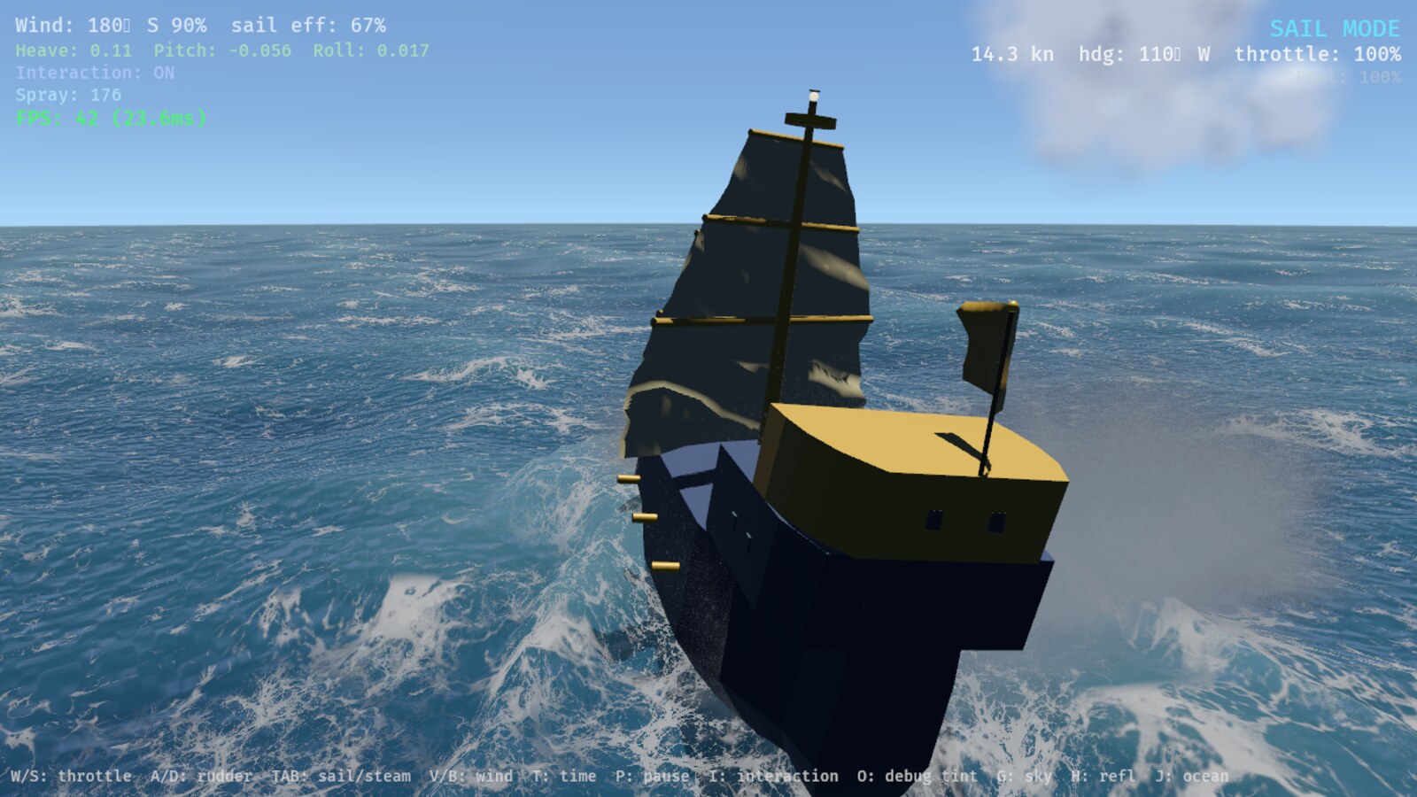 The ship heeling through a turn with spray bursting off the bow