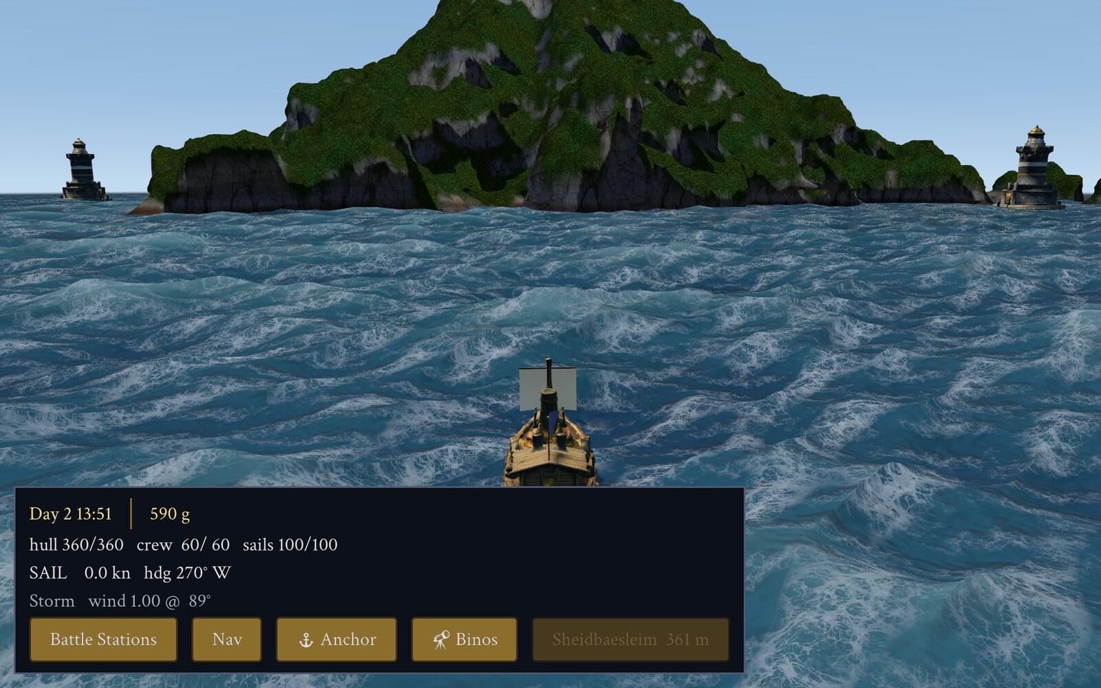 Storm seas off an island with two lighthouses, HUD showing wind 1.00