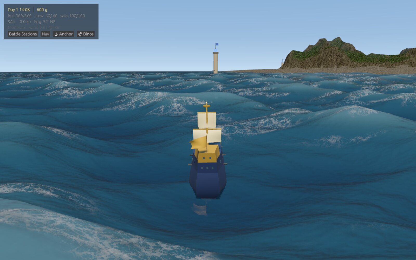 The first iron_tide build: a blocky island with a lighthouse