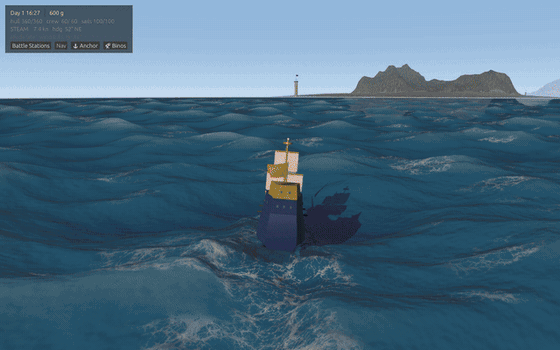 The v0 ship steaming toward a lighthouse island into the sunset