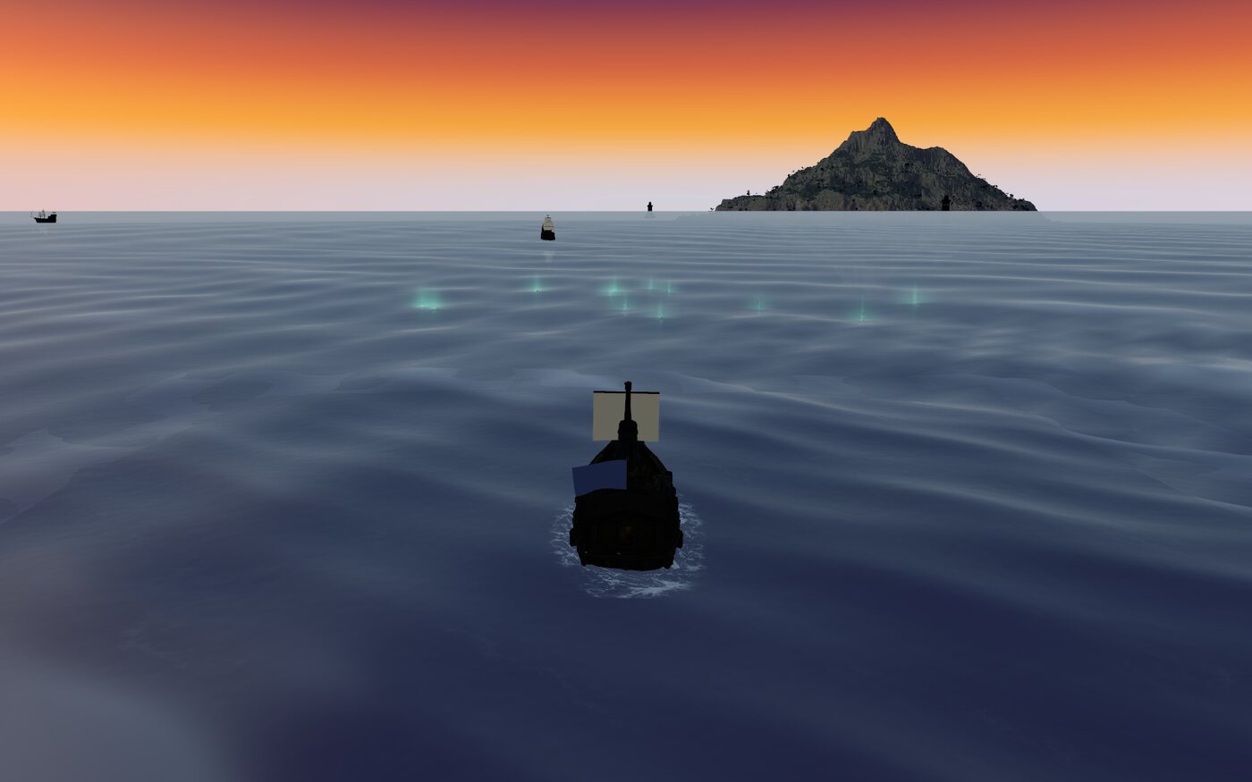 A phosphorescent dusk: a silhouetted ship, a lighthouse island, and teal glow in the water