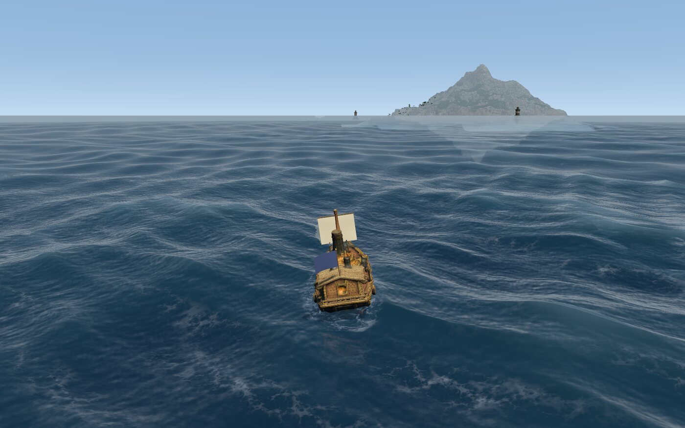 A starter sloop steaming across open water toward a lighthouse island
