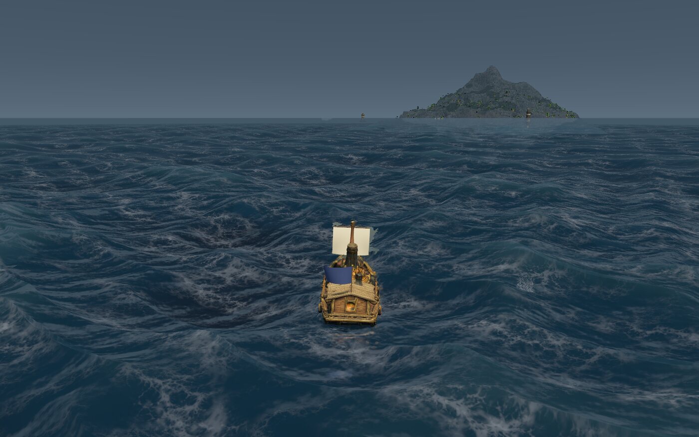 A sloop in a storm, sky and sea tinted bruised blue-grey, heavy chop