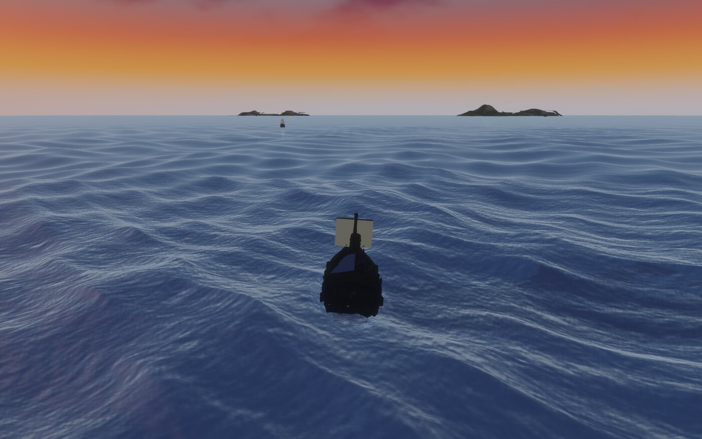 Golden-hour sun setting over the deep blue spectral sea, ship silhouetted, islands on the horizon