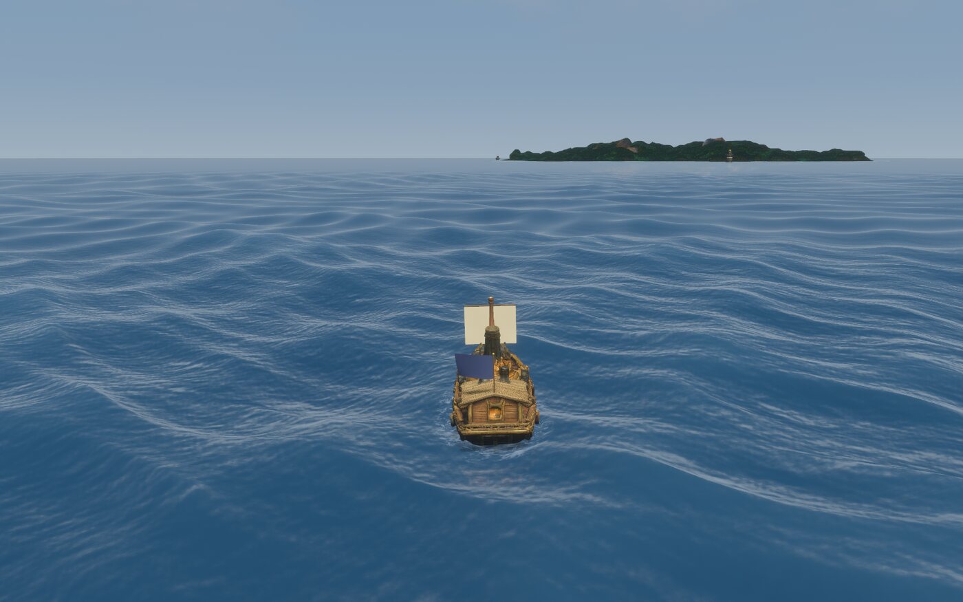 A stylised forested island with a lighthouse across the deep spectral sea