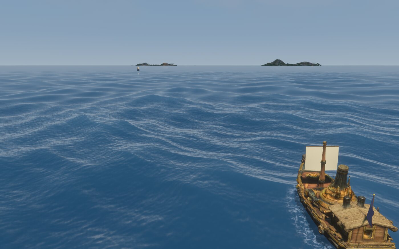 The new spectral ocean stretching out to a forested island on the horizon