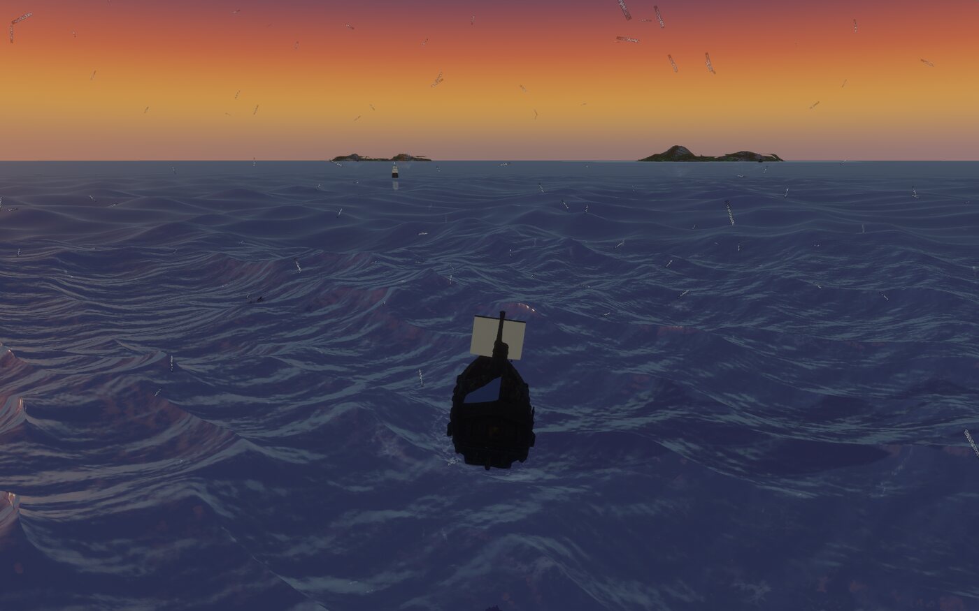 A spectral storm at dusk — big peaked crests and driving rain around a pitching sloop