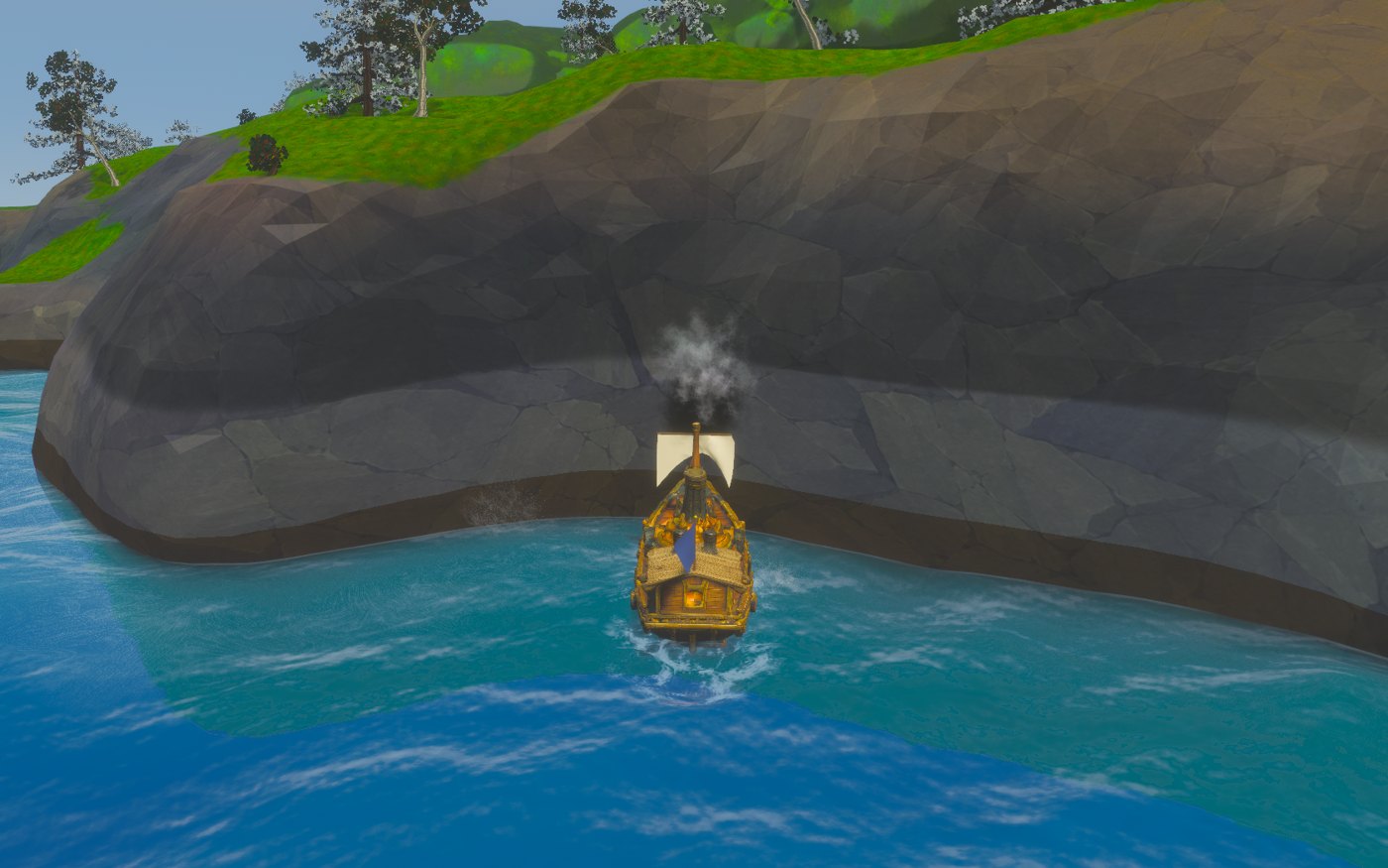 A sloop stopped dead at a cliff face in clear turquoise shallows, bow foam breaking against the rock