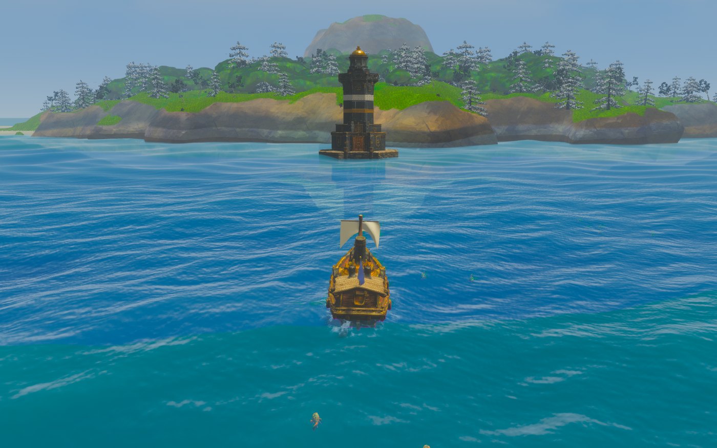 A sloop lying offshore of a forested island, a wide pale-turquoise shelf running along the whole coast under a lighthouse