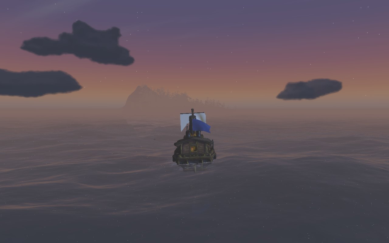 At dawn, a ship approaches an island whose summit rises out of a low bank of sea mist while its shoreline is still lost in fog