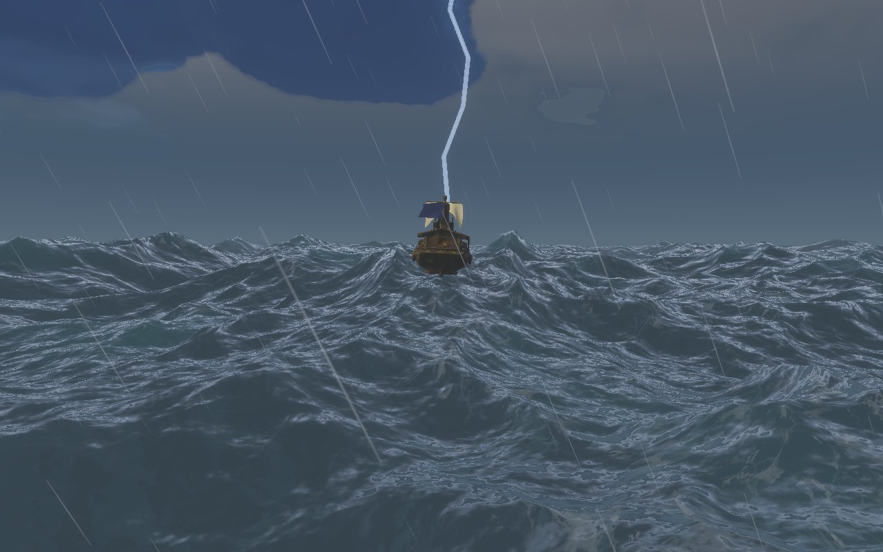 A jagged white lightning bolt striking down at a small ship in a dark, rain-lashed storm sea
