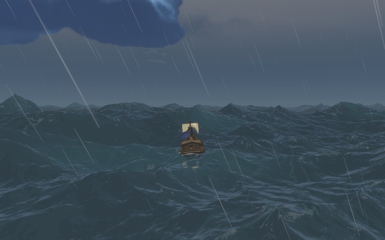 A storm cell overhead — dark sky, driving rain, a low mesh cloud bank, and big peaked waves around a small ship
