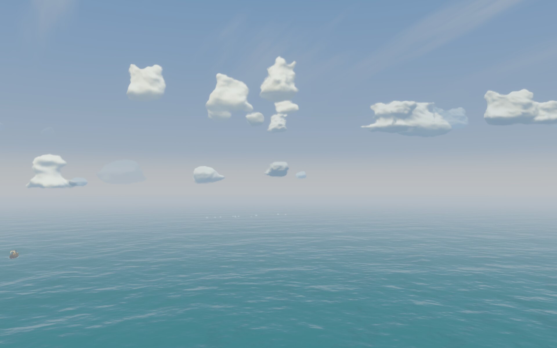 Fair-weather cumulus over an open turquoise sea — each cloud a distinct lumpy 3D mass with a flattish base and a billowing top, faint god-ray shafts slanting through the blue