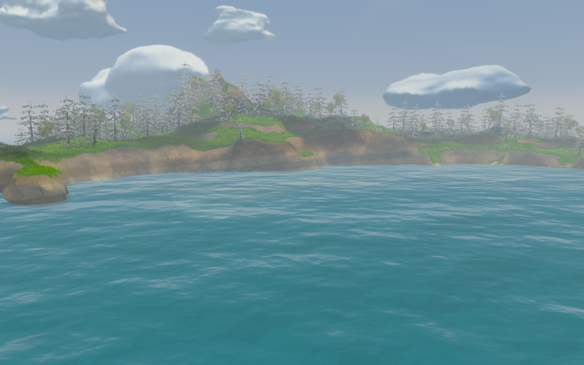 A rocky, tree-covered island coastline in clear daylight — a low cliff of banded stone, grass and trees along the top, a rocky islet to one side, turquoise shallow water in front