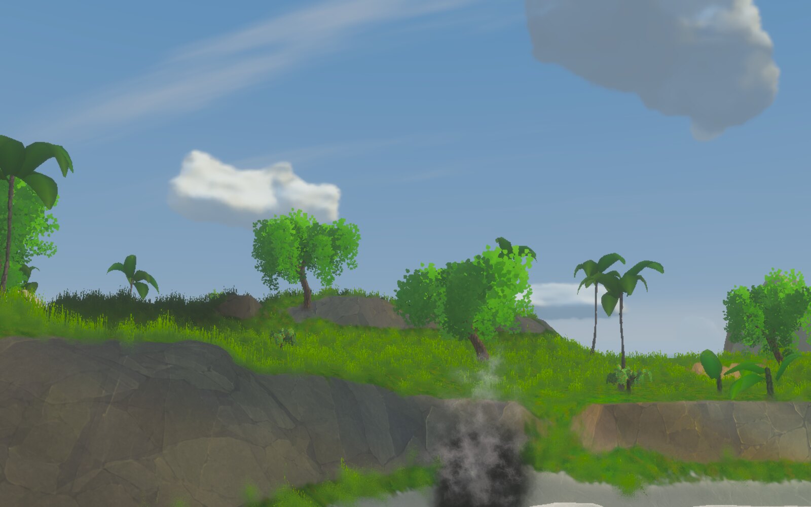 Close up on a tropical island's shore — leaning palms and broadleaf trees over dense grass, a banded stone bank, and a strip of pale beach at the waterline