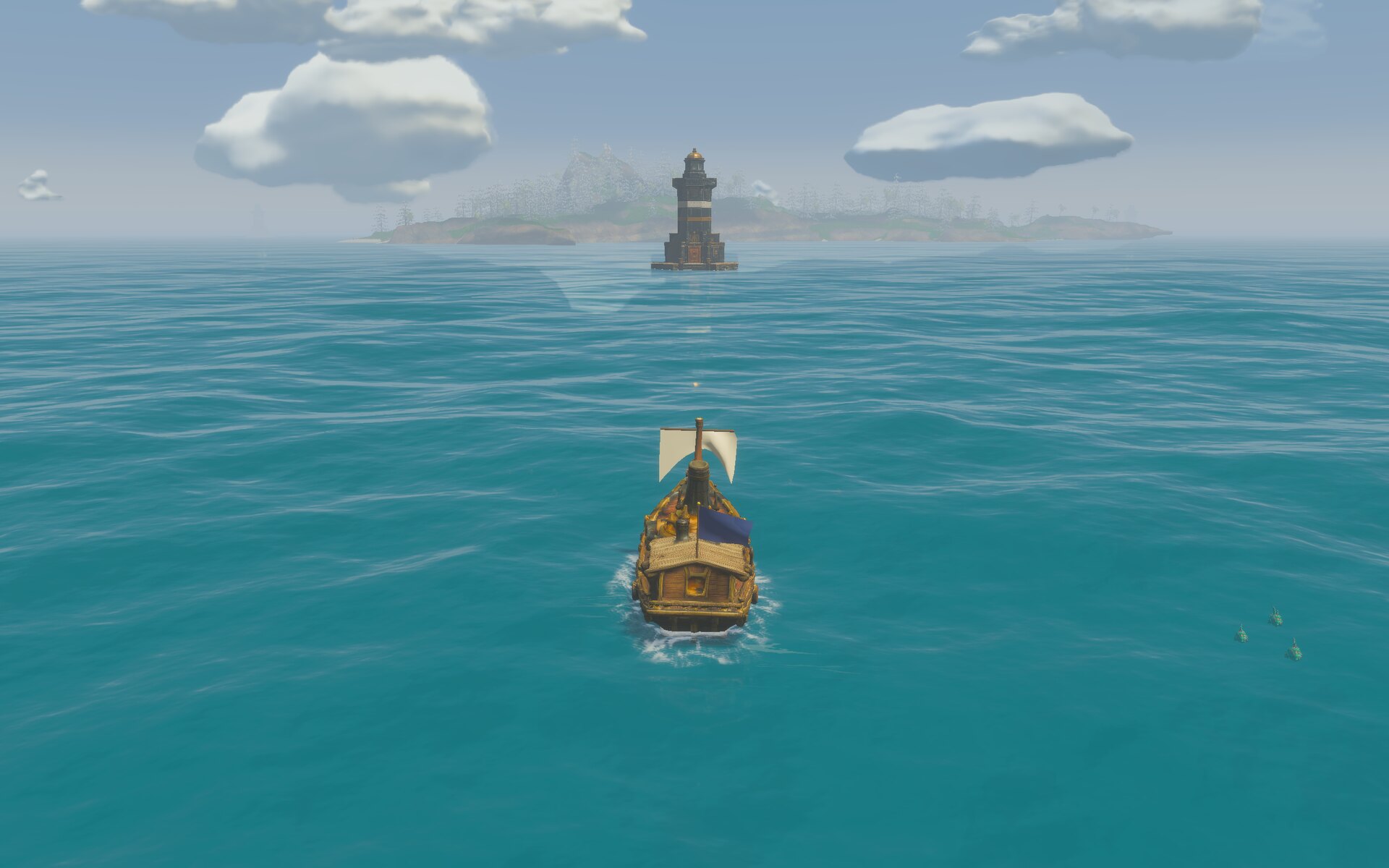 A small steamship on clear turquoise water at midday, its wake foaming behind it, fair-weather mesh clouds above and a foliage-covered island with a lighthouse on the horizon
